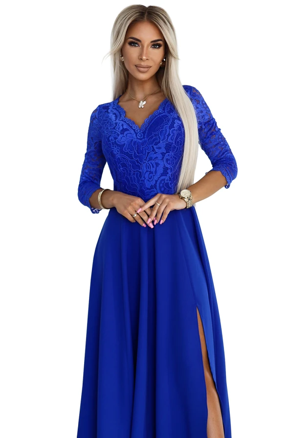 309-12 AMBER elegant lace long dress with a neckline - Royal blue