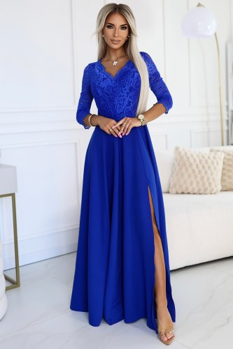 309-12 AMBER elegant lace long dress with a neckline - Royal blue