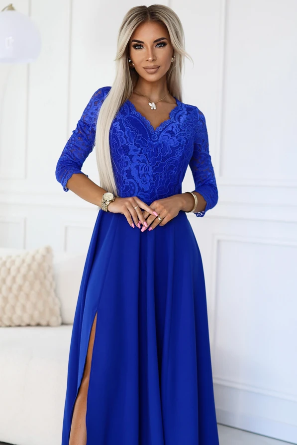 309-12 AMBER elegant lace long dress with a neckline - Royal blue