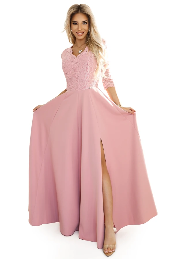 309-13 AMBER elegant long lace dress with a neckline - powder pink