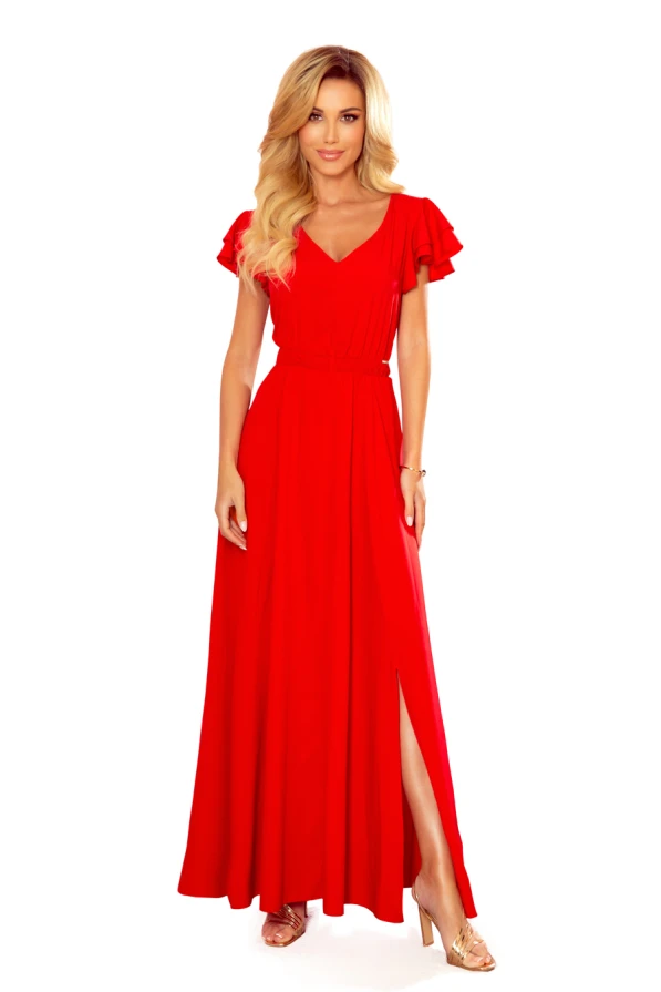 310-2 LIDIA long dress with neckline and frills - red