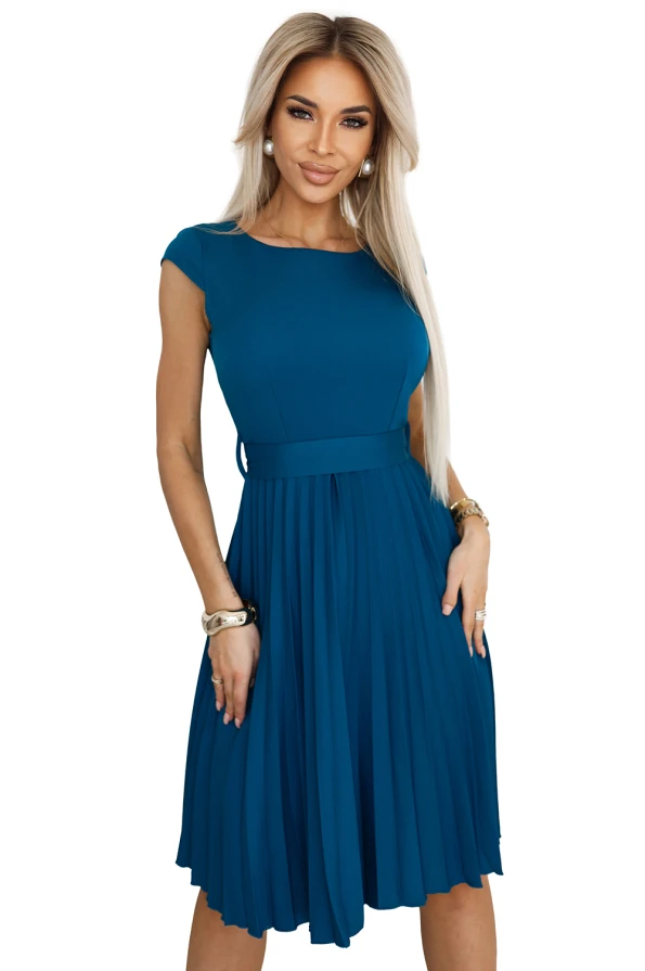 311-17 LILA Classic pleated dress with short sleeves and a belt - sea ​​color