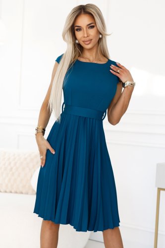 311-17 LILA Classic pleated dress with short sleeves and a belt - sea ​​color