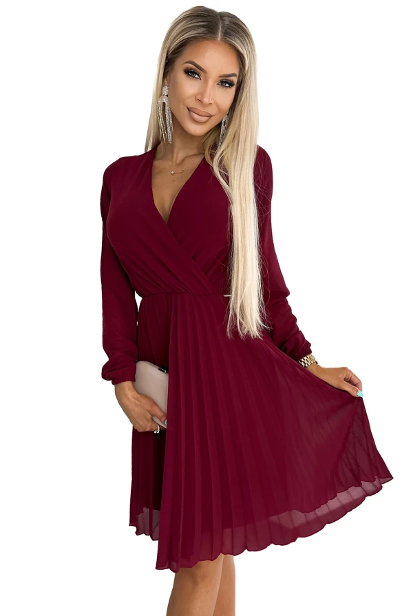 313-15 ISABELLE Pleated dress with neckline and long sleeve - Burgundy color