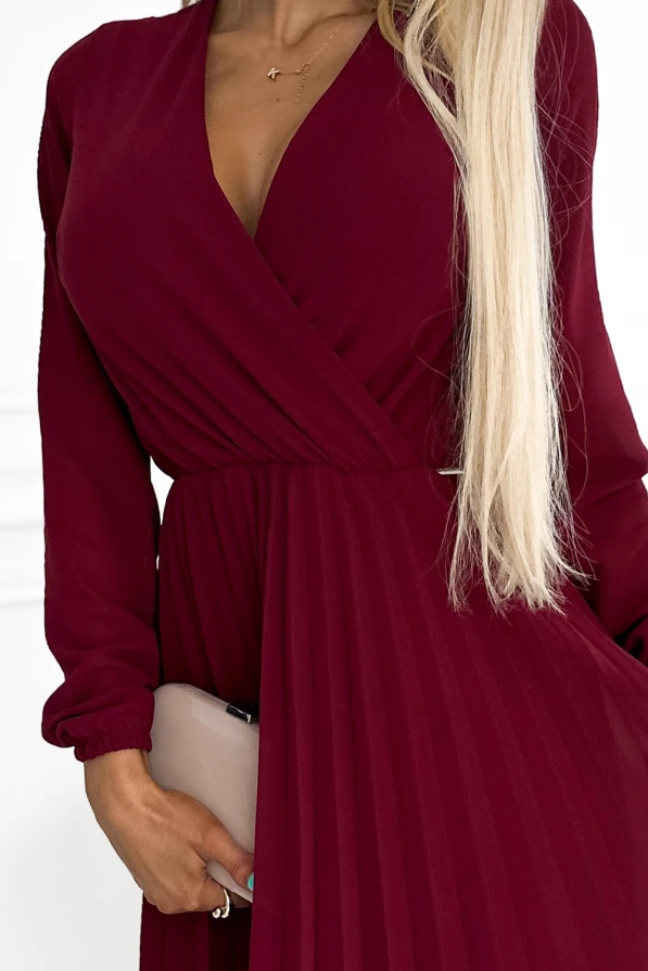 313-15 ISABELLE Pleated dress with neckline and long sleeve - Burgundy color