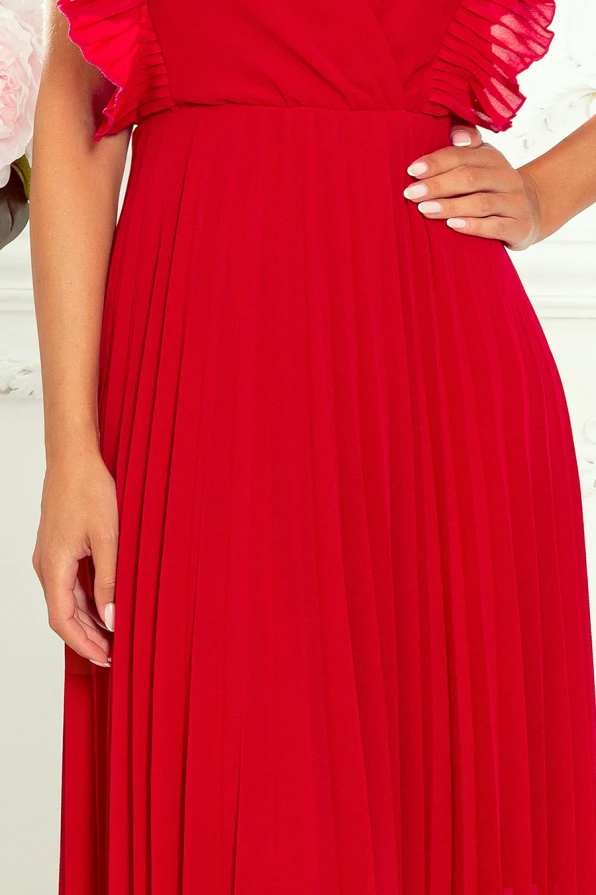 315-3 EMILY Pleated dress with frills and neckline - red