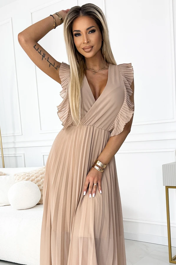 315-6 EMILY Pleated dress with ruffles on the shoulders and neckline - beige