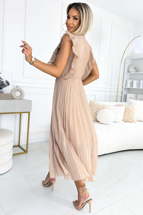 315-6 EMILY Pleated dress with ruffles on the shoulders and neckline - beige