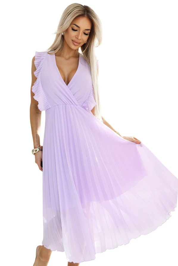 315-7 EMILY Pleated dress with frills and neckline - heather color