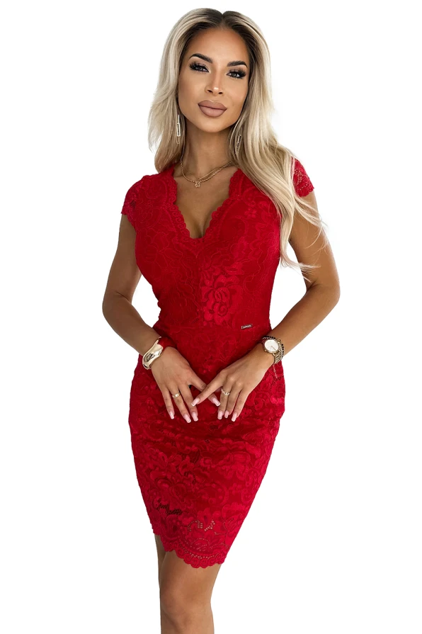 316-9 Lace dress with short sleeves and a neckline - red