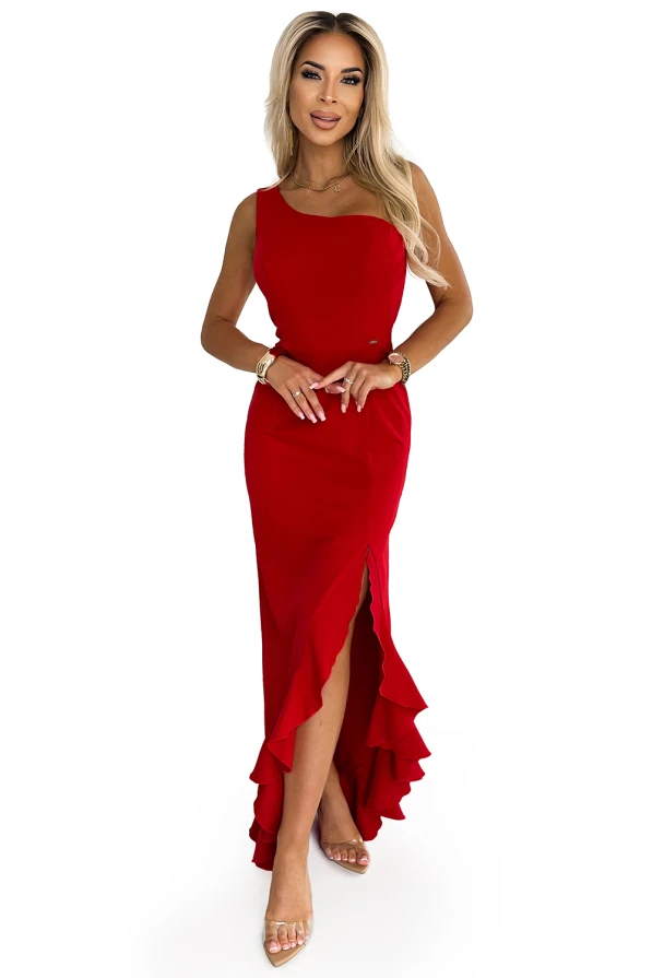 317-4 One shoulder long dress - red