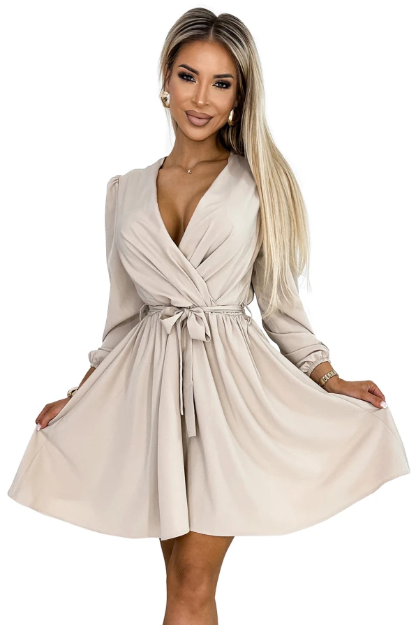 339-4 BINDY Feminine dress with a neckline and belt - beige