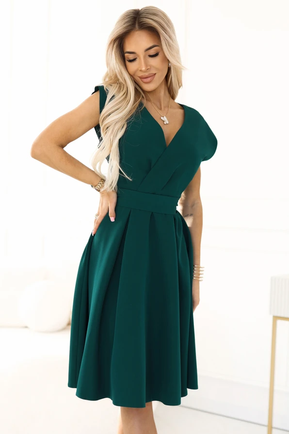 348-11 SCARLETT - flared dress with a neckline - green