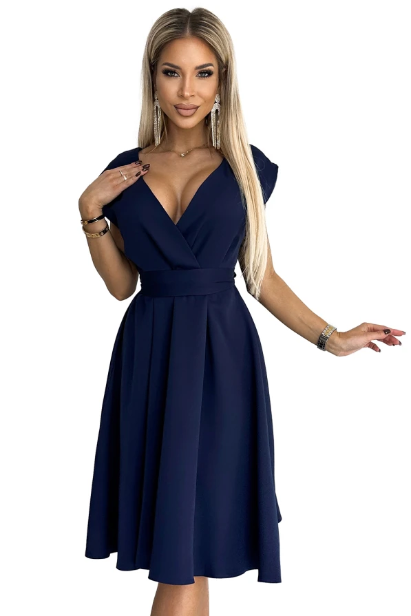 348-6 SCARLETT - flared dress with a neckline - dark blue
