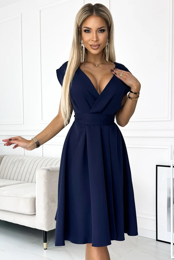348-6 SCARLETT - flared dress with a neckline - dark blue