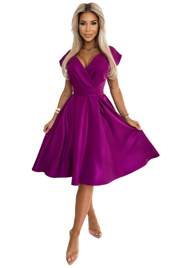 348-8 SCARLETT flared dress with a neckline - fuchsia with glitter