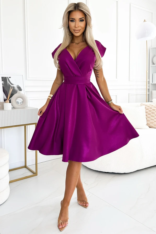 348-8 SCARLETT flared dress with a neckline - fuchsia with glitter