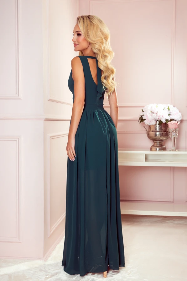 362-2 JUSTINE Long dress with a neckline and a tie - green