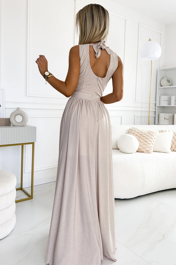 362-8 JUSTINE Long dress with a neckline and a tie at the back - beige with glitter