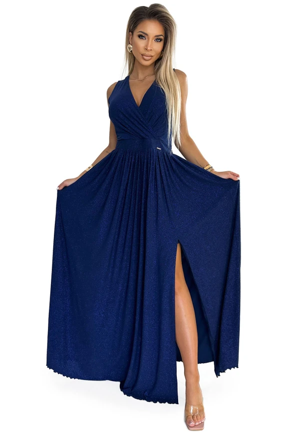 362-9 JUSTINE Long dress with a neckline and a tie at the back - navy blue with glitter