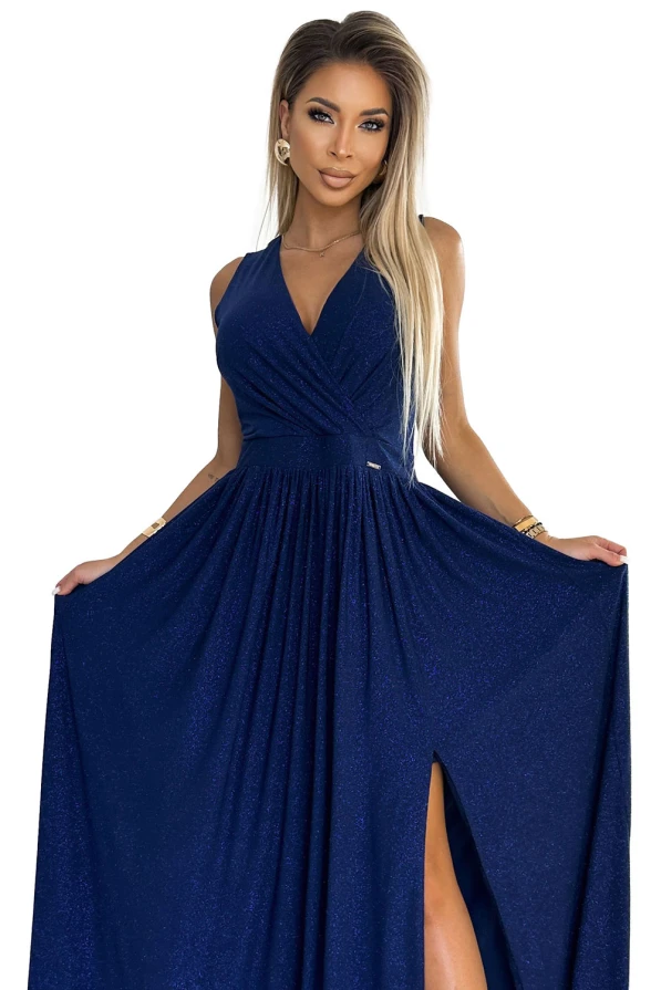 362-9 JUSTINE Long dress with a neckline and a tie at the back - navy blue with glitter