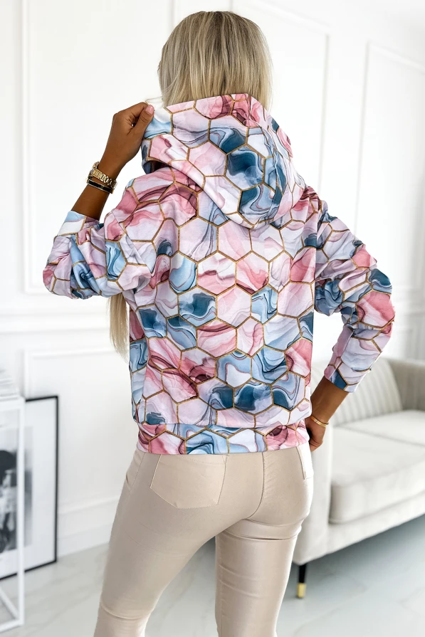 390-3 Kangaroo hoodie - golden hexagons and pink and blue marble