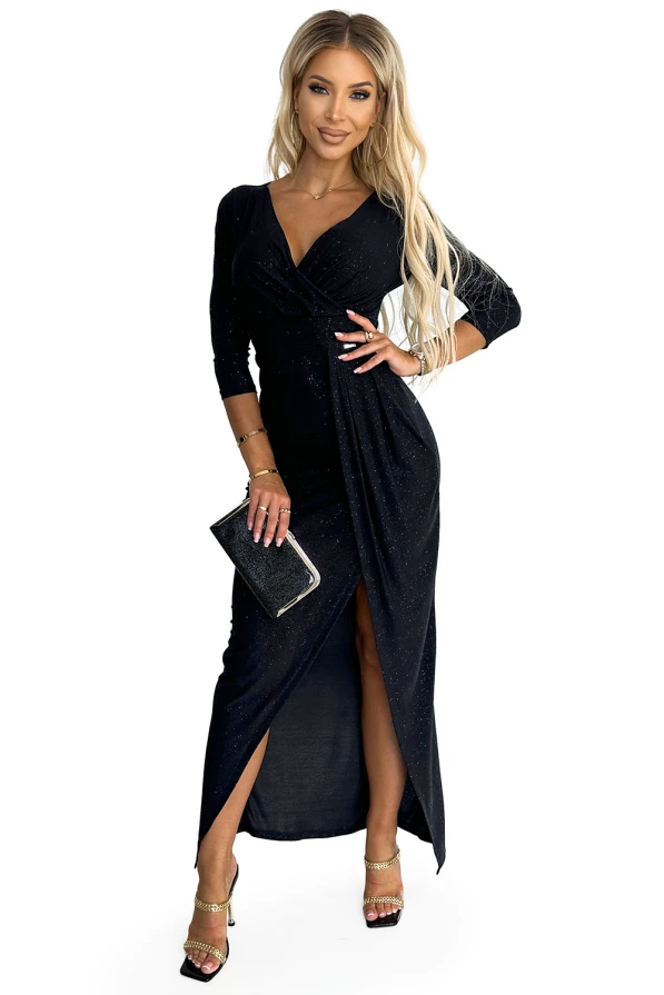 404-6 Shiny dress with a neckline and a slit on the leg - black color