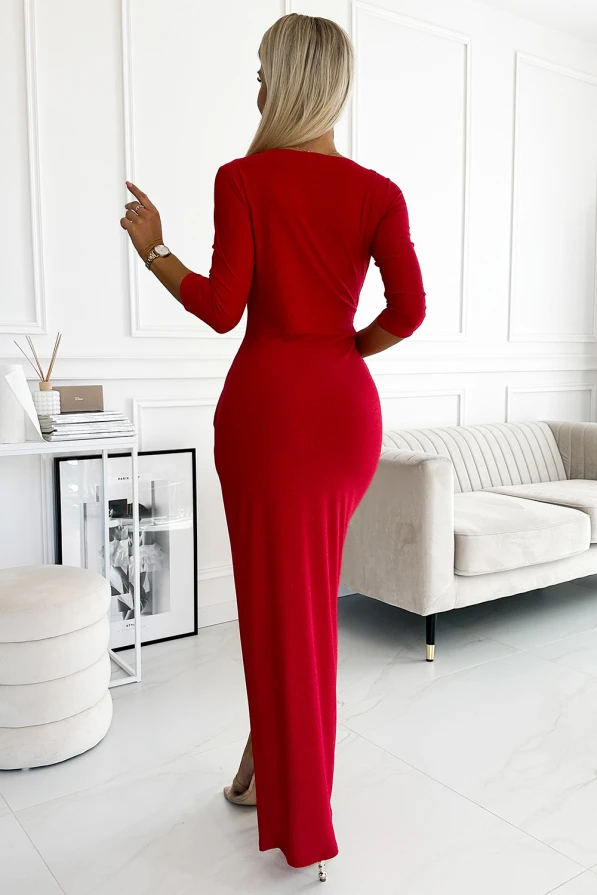 404-7 Shiny dress with a neckline and a slit on the leg - red color