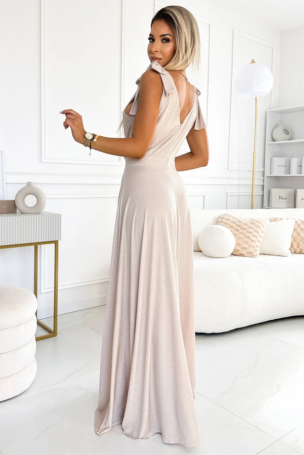 405-6 ELENA Long dress with a neckline and ties on the shoulders - beige with glitter