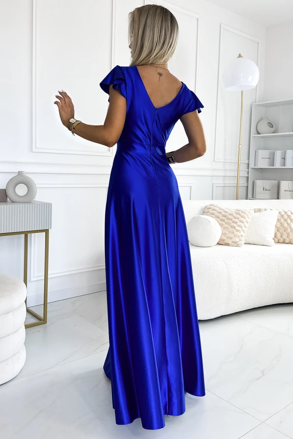 411-11 CRYSTAL satin long dress with a neckline - royal blue