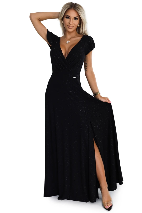 411-12 CRYSTAL long shimmering dress with a neckline - black