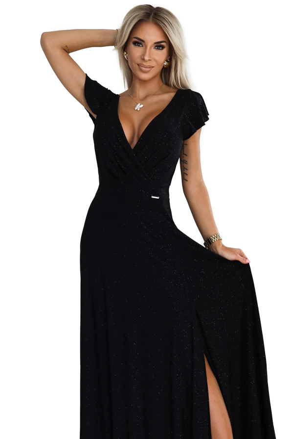 411-12 CRYSTAL long shimmering dress with a neckline - black