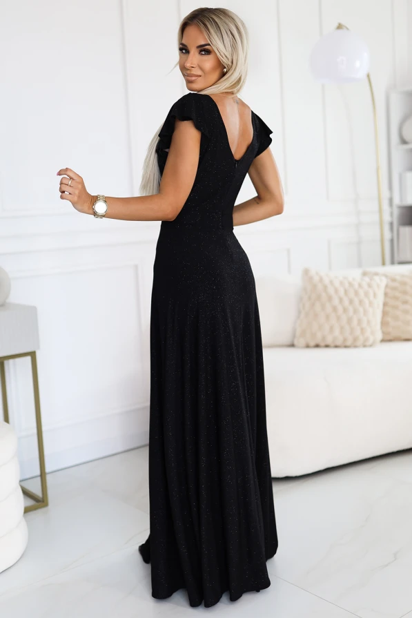 411-12 CRYSTAL long shimmering dress with a neckline - black