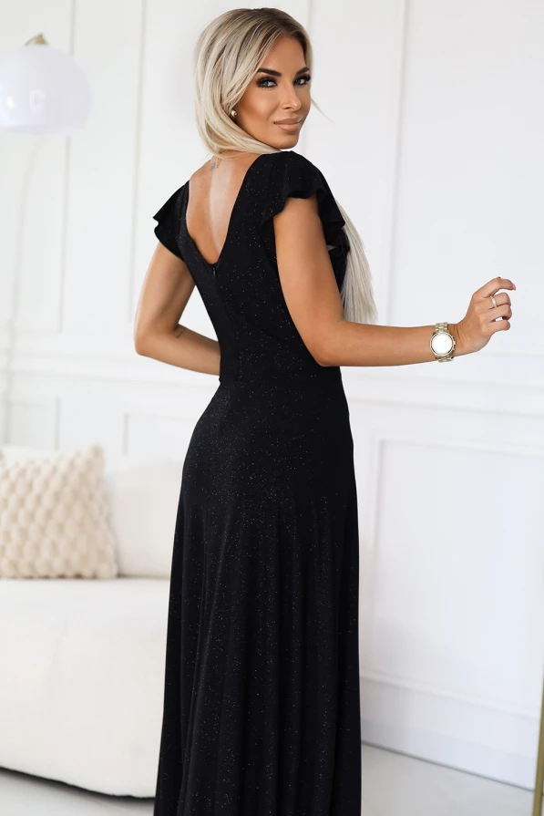 411-12 CRYSTAL long shimmering dress with a neckline - black