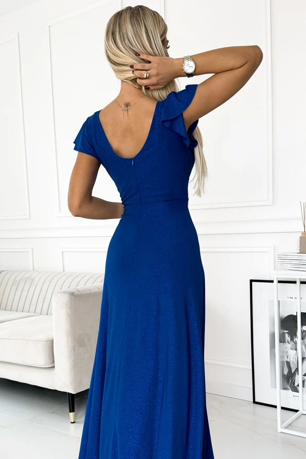 411-9 CRYSTAL long shimmering dress with a neckline - Blue