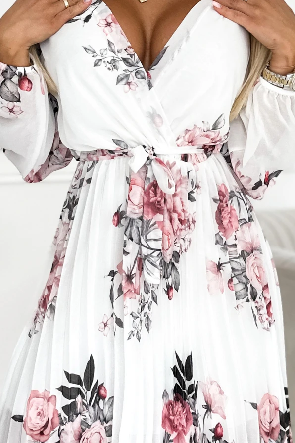 415-2 YSABEL Pleated dress with a neckline, long sleeves and a belt - white with roses