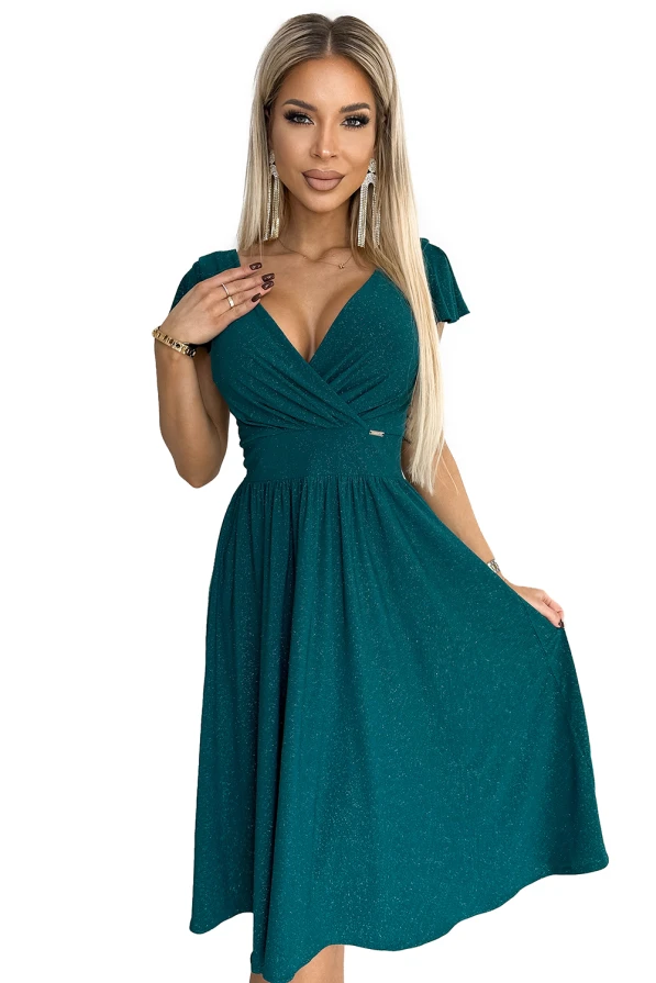 425-6 MATILDE Dress with a neckline and short sleeves - green with glitter