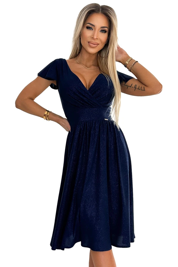 MATILDE Dress with a neckline and short sleeves - navy blue with glitter
