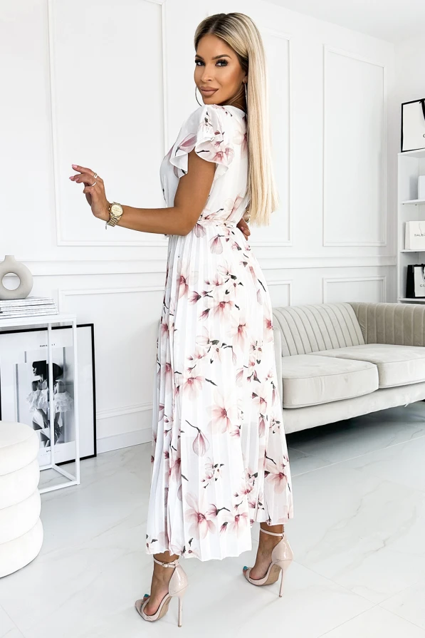 434-4 LISA Pleated midi dress with a neckline and frills - peach blossom on a white background