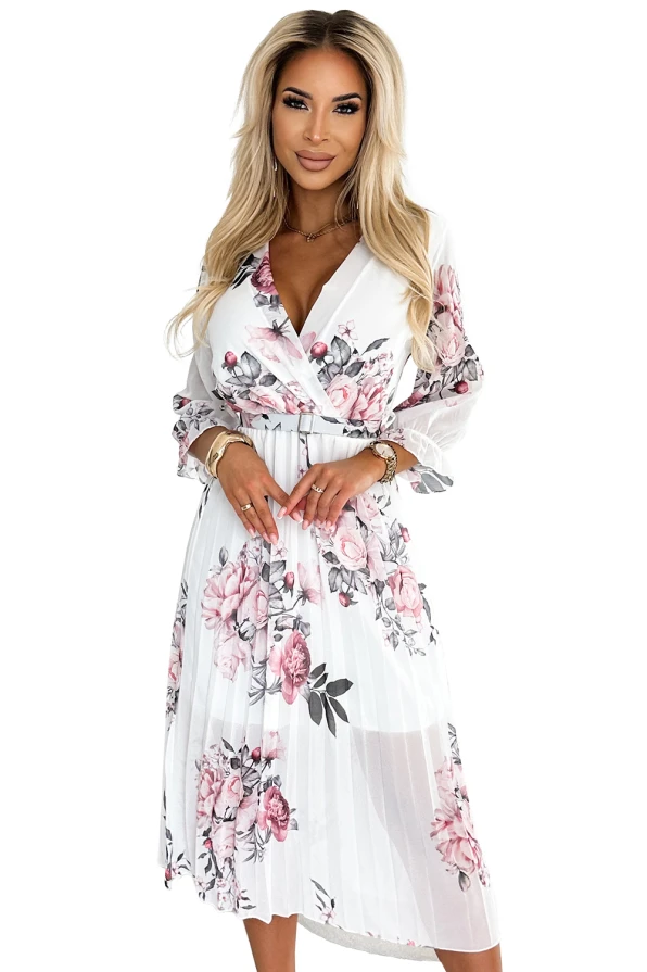 448-2 YUNA Pleated midi dress with a neckline and belt - roses on a white background