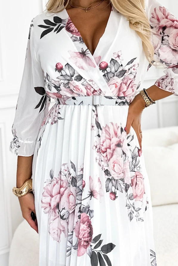 448-2 YUNA Pleated midi dress with a neckline and belt - roses on a white background