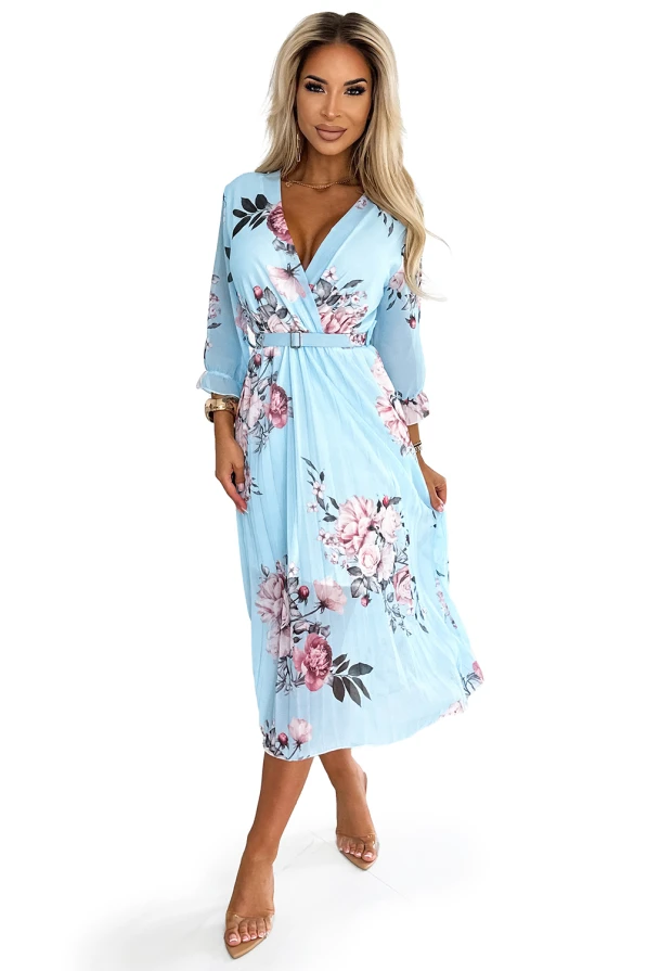 448-3 YUNA Pleated midi dress with a neckline and a belt - roses on a blue background