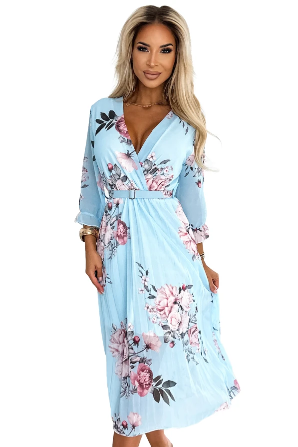 448-3 YUNA Pleated midi dress with a neckline and a belt - roses on a blue background