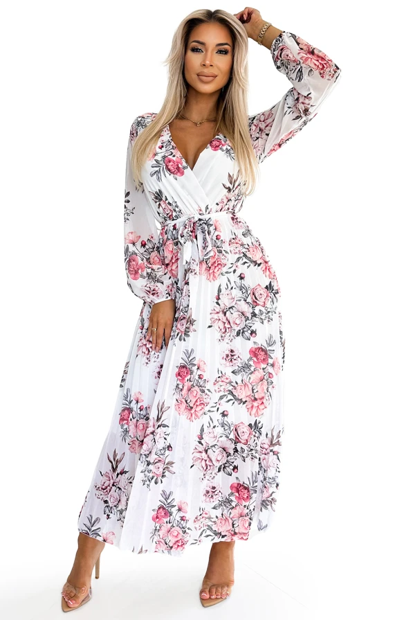 458-3 GEPPI Pleated midi dress with a neckline, long sleeves and a belt - white with red roses