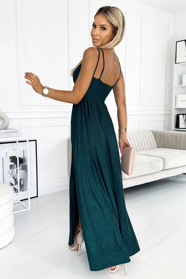 460-1 JOVITE brocade long dress on straps with a slit to the leg - green