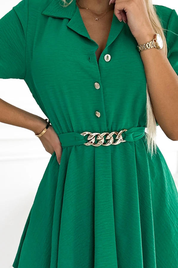 461-2 Shirt dress with buttons and a gold belt - green