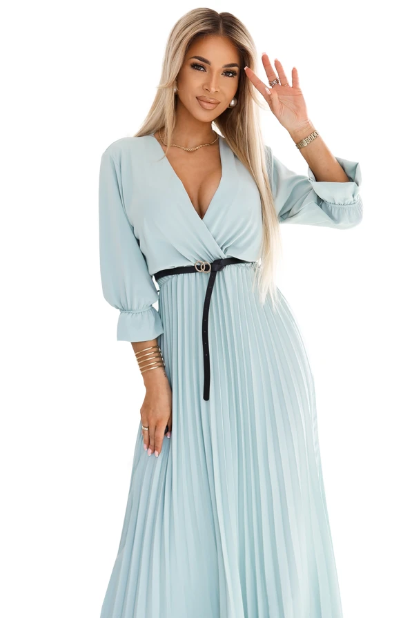 462-3 SERENA Pleated maxi dress with neckline, belt and 3/4 sleeves - Pastel Sage