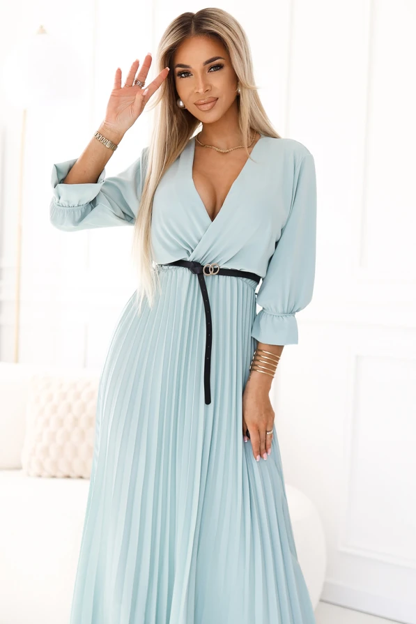 462-3 SERENA Pleated maxi dress with neckline, belt and 3/4 sleeves - Pastel Sage