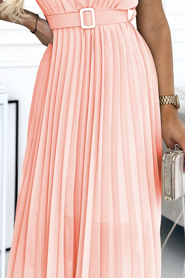 465-1 MIA Pleated midi dress with a wide belt - peach