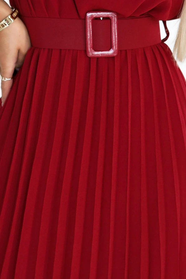 465-5 MIA Pleated Chiffon Midi Dress with Wide Belt - Burgundy